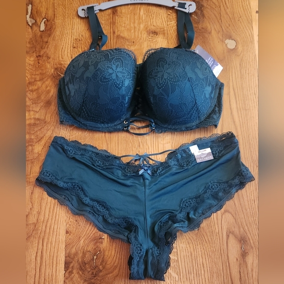 Cacique Other - Cacique Forest Green Lace Boost Balconette Bra with Matching Strappy Hipsters